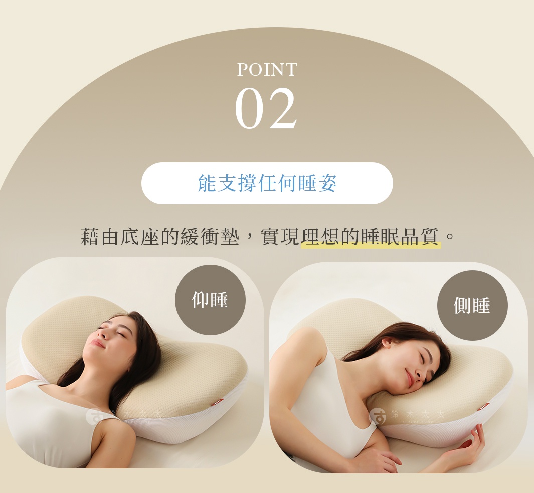 NELUD 完美釋壓Q彈棉花糖枕，展示仰睡和側睡兩種睡姿，枕頭為淺米色，表面有細緻的紋理，材質應為透氣網布包裹Q彈棉花糖內芯。