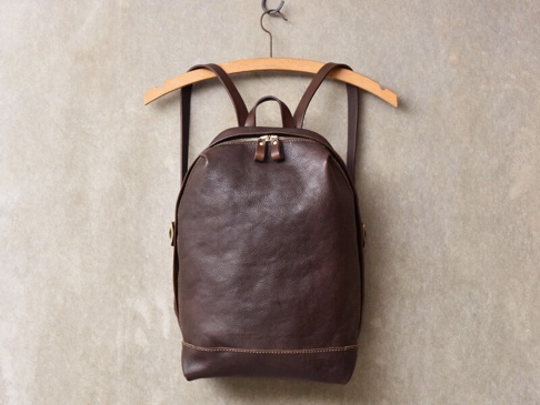 深棕色皮革後背包，簡約褶皺設計，附有金色拉鍊和兩個皮革拉頭，背面有兩個皮革肩帶，懸掛於木質衣架上。