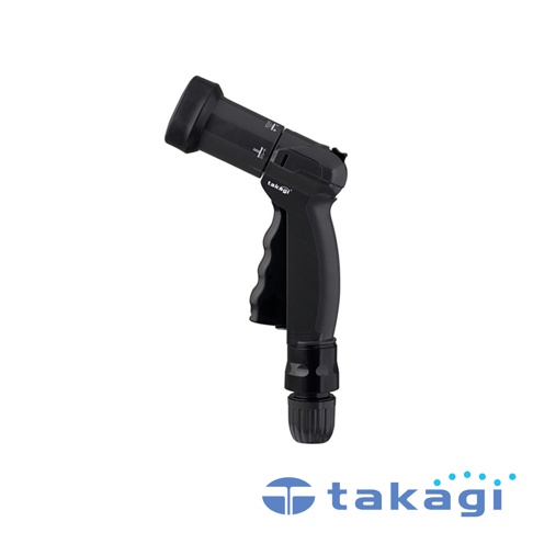 takagi 品牌黑色手持式灑水槍，帶有可調節噴頭，下方連接軟管接口