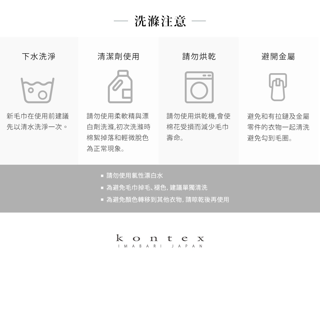 此圖片為「輕薄透氣萬用吸水長毛巾」的洗滌注意事項，包含四個圖示：建議清水洗滌、清潔劑使用、烘乾注意事項、避免金屬物件，並列出洗滌禁忌與建議。