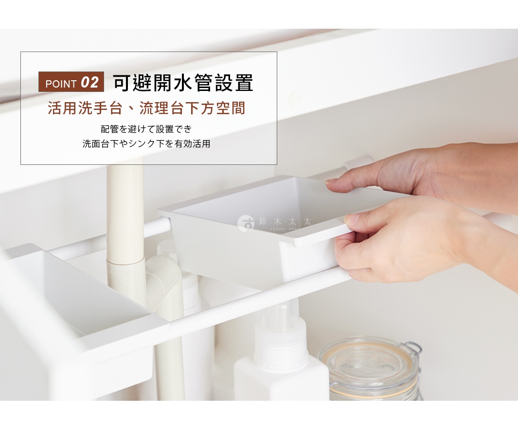 一張近距離拍攝的示範照片，雙手正將一個白色的塑膠收納盒掛在白色的橫向伸縮桿上。收納盒設計簡約，背景處可見洗手台或流理台下方的排水管，說明該產品具備避開管線安裝的功能。圖中左上方標示著重點提示二，說明此設計能有效利用洗手台下方有限的收納空間。