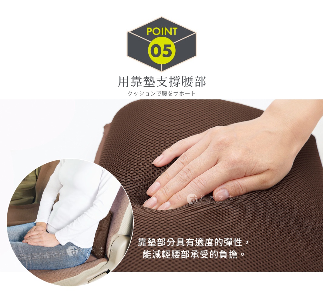 棕色網狀材質的車用腰部支撐靠墊，手部按壓測試其彈性。左側小圖顯示一位女士坐在汽車座椅上，腰部緊貼著靠墊。