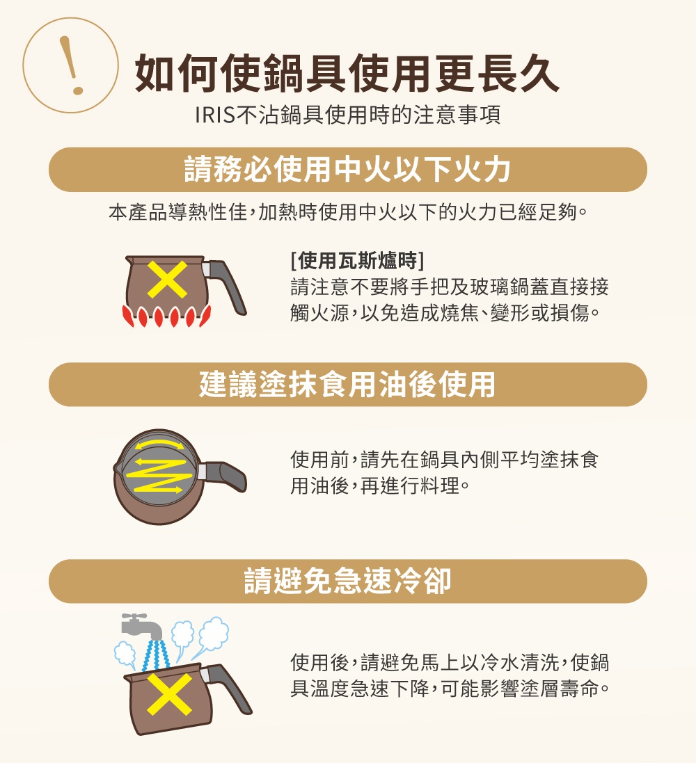 鑽石不沾單柄小湯鍋，展示了鍋具使用注意事項，包括使用中小火、塗抹食用油以及避免急速冷卻。