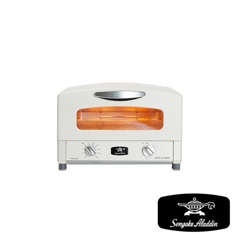 米白色復古多用途烤箱，配有銀色把手，內部有加熱管，前面板有兩個旋鈕和品牌標誌。