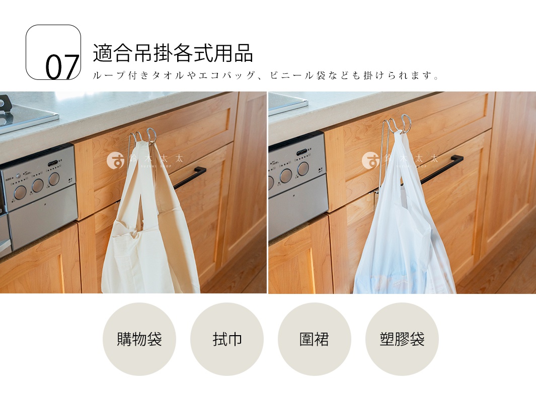一張圖片展示輕盈懸浮抽屜掛架的使用情境。掛架採用金屬材質，掛在廚房櫃體門板上，左側掛著帆布購物袋，右側掛著塑膠袋，下方四個圓形圖示列出適用物品為購物袋、拭巾、圍裙及塑膠袋，文字標示為適合吊掛各式用品。