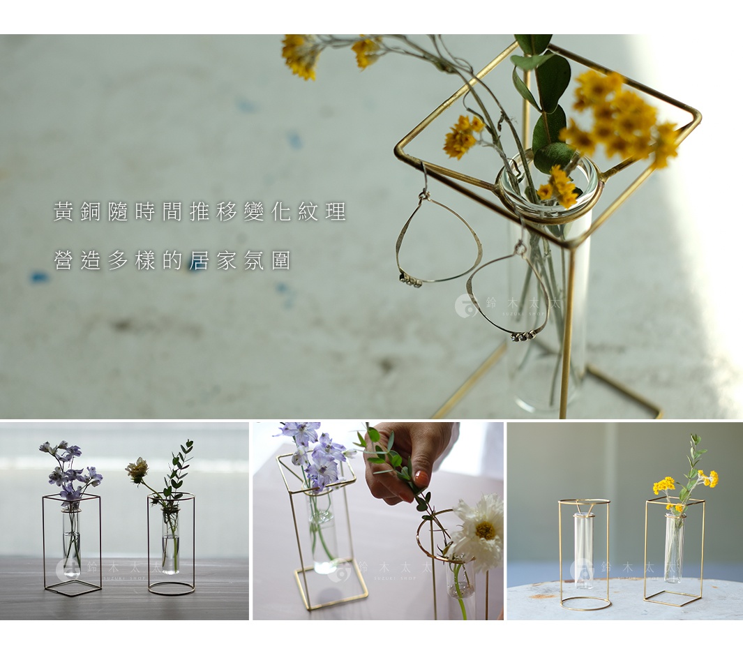 黃銅四角框架搭配玻璃試管，可獨立擺放或組合使用，呈現簡約現代風格的花器。