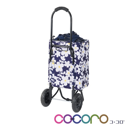 深藍色購物車，印有白色小花和黃色花蕊圖案，配有黑色金屬框架、黑色把手和兩個黑色輪子。