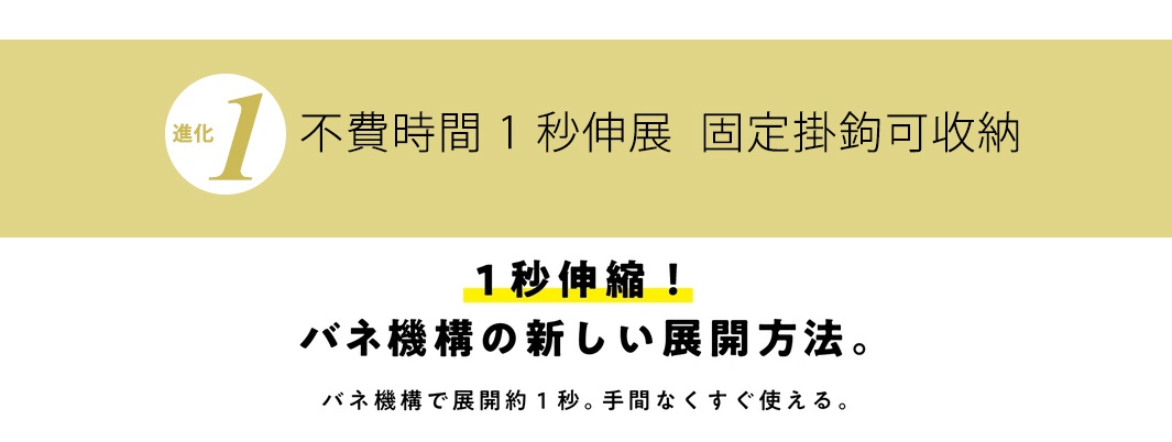 伸縮式不鏽鋼砧板架，金色背景上顯示「進化 1」，下方黃色區域標示「1 秒伸縮！」，白色區域顯示日文「彈簧機構的新展開方式。彈簧機構展開約 1 秒。可立即使用。」