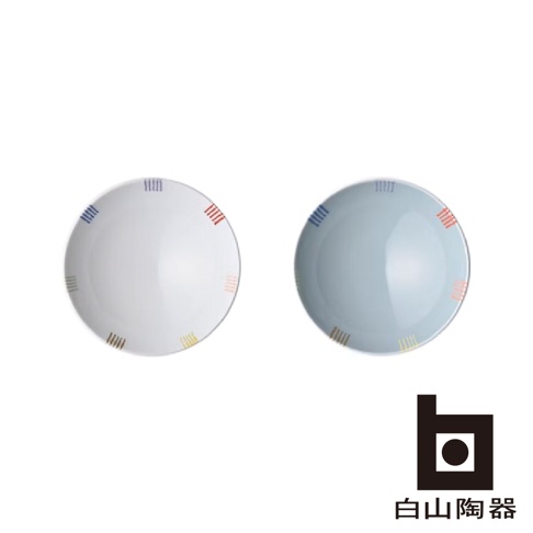 兩個陶瓷茶碗，一個白色，一個淺藍色，皆飾有彩色條紋圖案。
