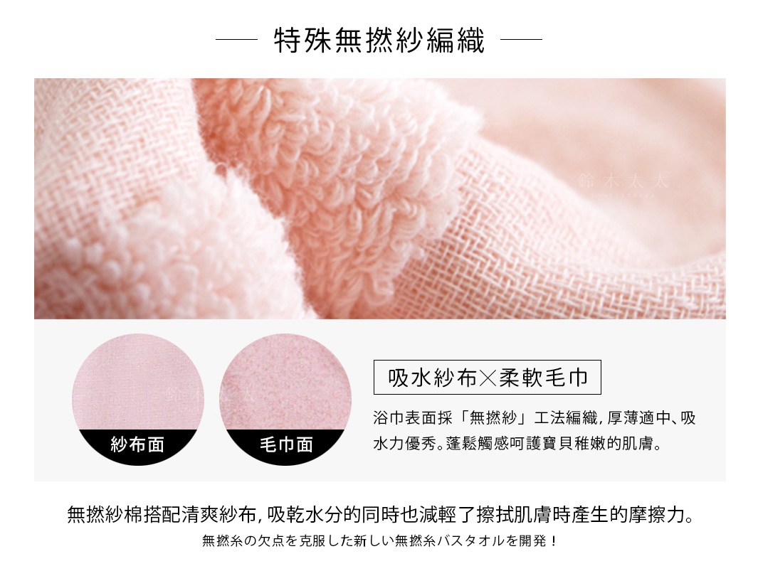 圖片文字：特殊無撚紗編織。吸水紗布與柔軟毛巾，浴巾表面採無撚紗工法編織，厚薄適中，吸水力優秀，蓬鬆觸感呵護寶貝稚嫩的肌膚。無撚紗棉搭配清爽紗布，吸乾水分的同時也減輕了擦拭肌膚時產生的摩擦力。克服無撚紗缺點的全新無撚紗浴巾。
