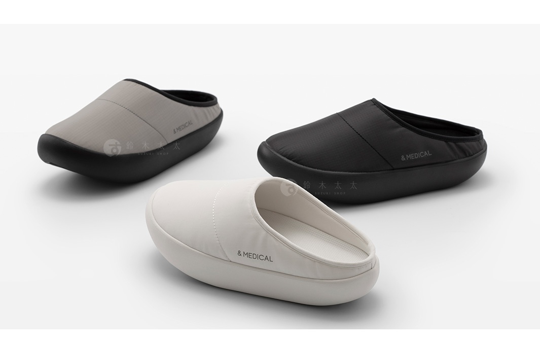 &MEDICAL 品牌的三款 KAMOLEG 3.0 美腳健身機能鞋，分別為灰色、黑色和白色，皆為穆勒鞋款式，以低角度清晰展示。