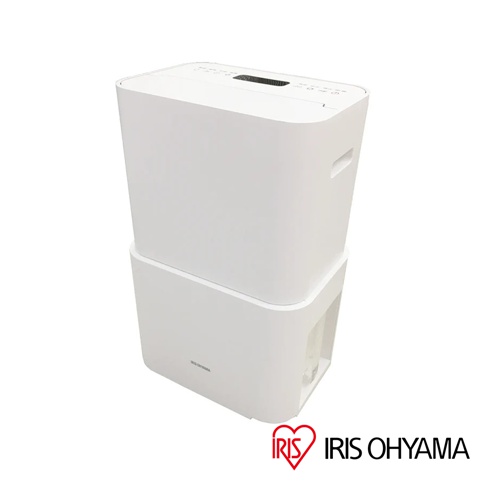 白色IRIS OHYAMA PM2.5空氣清淨除濕機IJC-H120，機身呈長方體，頂部有黑色網狀出風口及操作面板，兩側有提把。