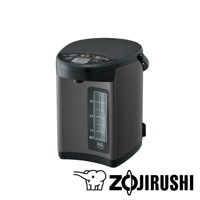 深灰色金屬外殼的微電腦電熱水瓶，頂部有黑色面板，顯示屏和按鈕。側面有透明水位計，標有1.0、2.0、3.0升刻度，底部標有「4.0L CD-NAF40」。