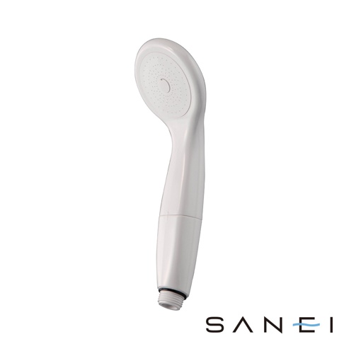 白色塑膠蓮蓬頭，帶有圓形出水盤，盤上佈滿細小的噴水孔，手柄部分為白色，底部有螺紋接口。