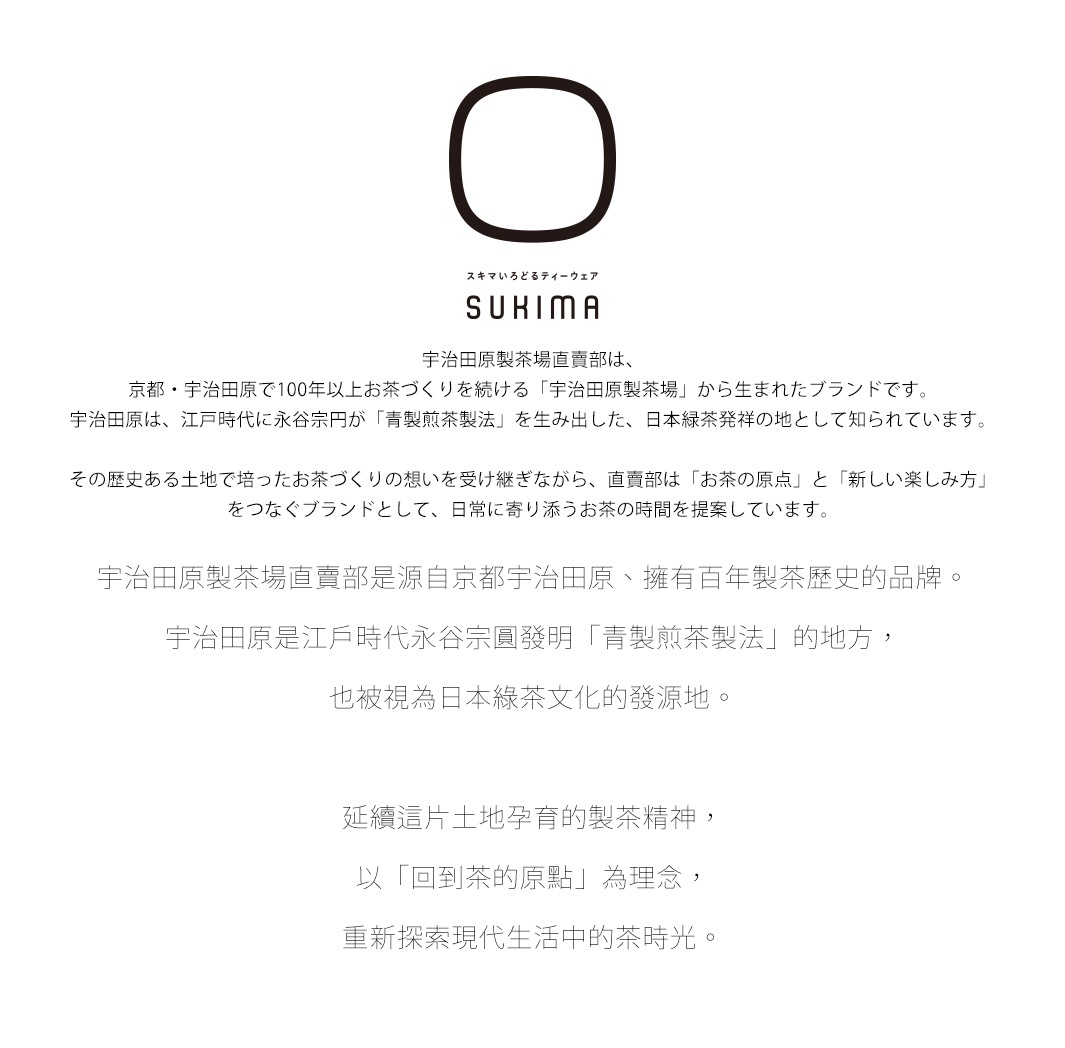 圖片文字：SUKIMA 品牌介紹，說明該品牌源自京都宇治田原製茶場，擁有百年製茶歷史。宇治田原是江戶時代永谷宗圓發明青製煎茶製法的地方，被視為日本綠茶文化發源地。SUKIMA 延續此地孕育的製茶精神，以回到茶的原點為理念，結合新的享受方式，重新探索現代生活中的茶時光。