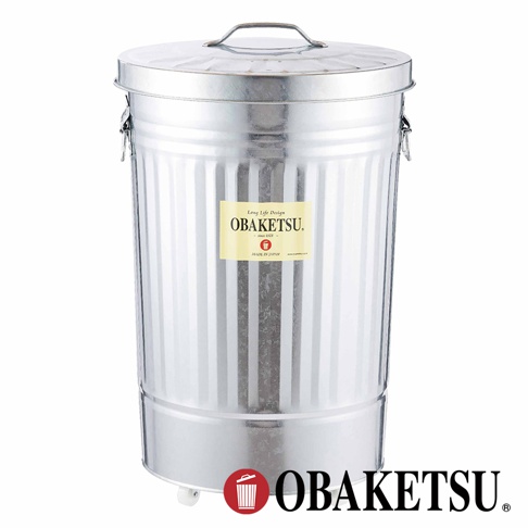 OBAKETSU 品牌附輪垃圾桶，日本製造，鍍鋅鋼材質，帶有標誌和文字 OBAKETSU。