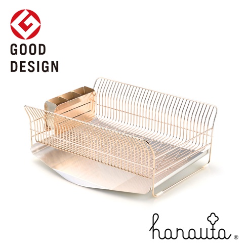 玫瑰金不鏽鋼碗碟架，附有可拆卸的瀝水盤和餐具收納盒，設計簡約實用。