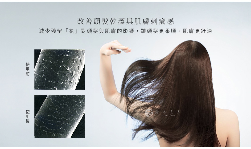 圖片文字：改善頭髮乾澀與肌膚刺癢感，減少殘留氯對頭髮與肌膚的影響，讓頭髮更柔順、肌膚更舒適。左側圖示呈現使用前後頭髮顯微鏡觀察對比，右側為一名女性背對鏡頭展現柔順秀髮，下方有鈴木太太品牌標誌。