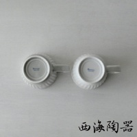 兩件式波佐見燒馬克杯，呈淺灰白色，杯身帶有螺旋紋理，底部有「Hasami」品牌標識。