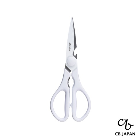 CB JAPAN atomico 系列白色多功能廚房剪刀，帶有瓶蓋開啟器和堅果夾。