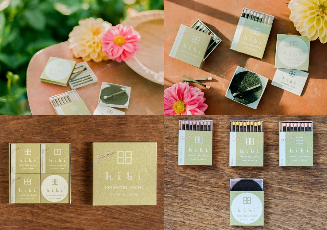 香氛火柴禮盒，包含三組不同香氛的火柴盒，外盒為淺綠色調，印有白色品牌標誌及香氛名稱。火柴梗為深綠色，頂端有不同顏色的火藥頭，如粉色、黃色。