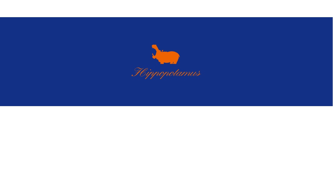 藍色背景上，橙色河馬圖案旁有「Hippopotamus」字樣。
