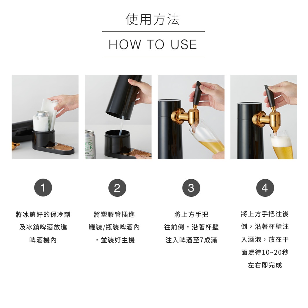 黑色直立式音波啤酒金泡機，展示了四個使用步驟：放入保冷劑和啤酒，安裝主機，注入啤酒，以及完成打泡。