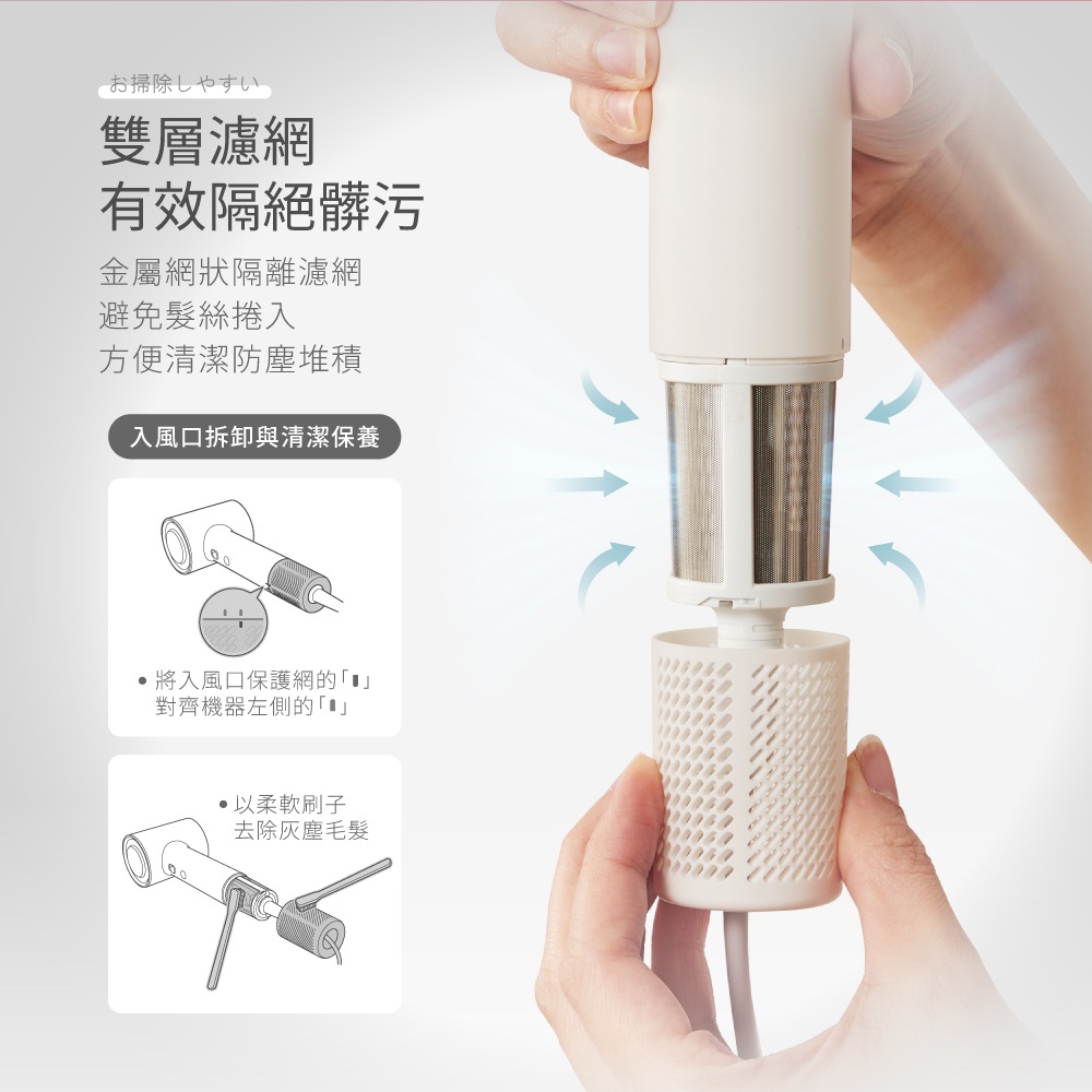 圖片文字：お掃除しやすい 雙層濾網 有效隔絕髒污 金屬網狀隔離濾網 避免頭髮捲入 方便清潔防塵堆積 入風口拆卸與清潔保養 將入風口保護網的『』對齊機器左側的『』 以柔軟刷子去除灰塵毛髮