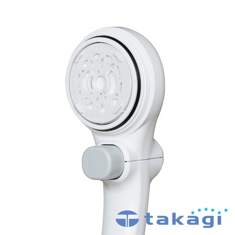 白色淨水Shower蓮蓬頭，圓形出水面板上有花紋設計，側面有灰色按鈕，下方有takagi品牌標誌。
