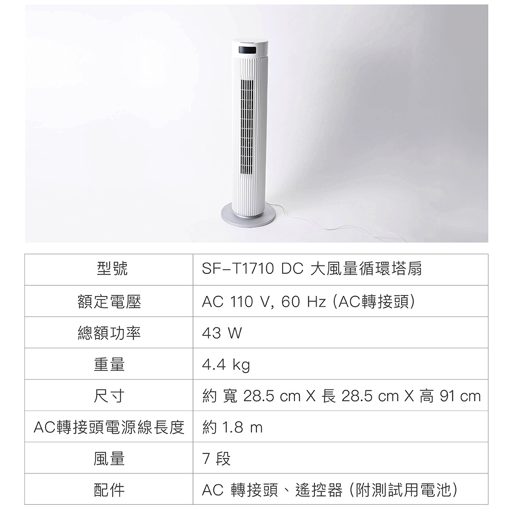 白色直立式循環塔扇，配有圓形底座，頂部有黑色控制面板，扇體為條狀格柵設計，整體為塑膠材質。