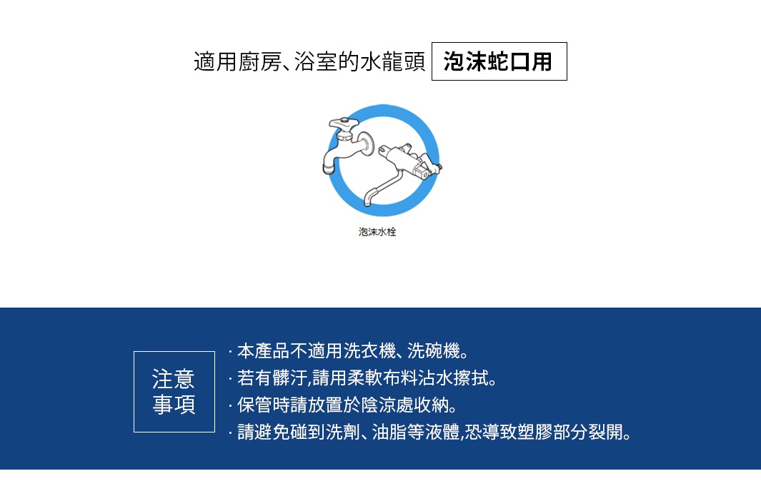 適用於廚房、浴室的水龍頭泡沫蛇口，圖示為白色水龍頭與黑色泡沫蛇口連接示意圖，下方有中文標示「泡沫水栓」。