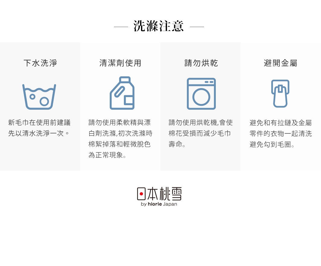 今治柔絨細膩快乾吸水浴巾的洗滌注意事項，包含下水洗淨、清潔劑使用、請勿烘乾、避免金屬等圖示及說明，以及品牌「日本桃雪 by hiorie Japan」標誌。