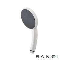 白色塑膠製超大花灑淋浴蓮蓬頭，設有圓形深灰色出水面板，帶有密集的出水孔。