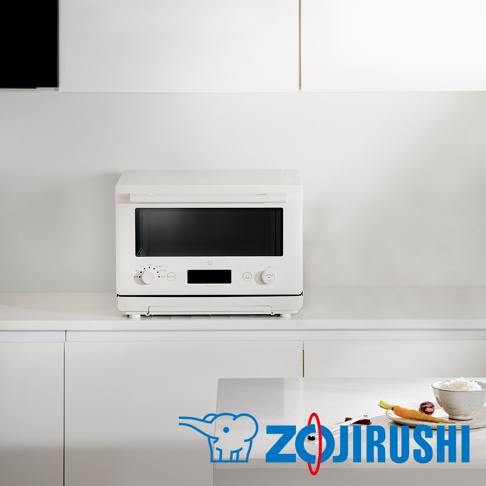 白色烘烤微波爐 ES-JAF23，配備黑色玻璃門和黑色液晶顯示屏，旋鈕和按鈕位於前方。