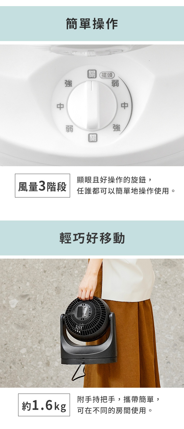 PCF-MKM15 空氣循環扇，黑色機身，帶有三段風量調節旋鈕，可選擇關閉、弱、中、強風及擺頭功能。此款循環扇約1.6公斤，附提把方便攜帶。