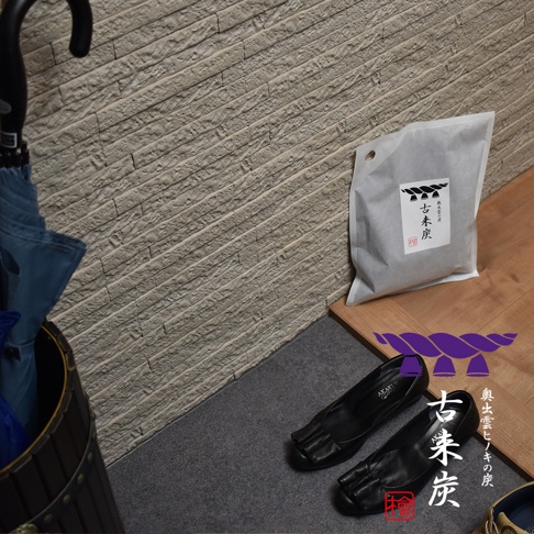 一袋白色包裝的古來炭，上面印有日文文字與圖案，放置於木質地板和灰色地毯的交界處，旁邊有一雙黑色皮鞋，背景是米色紋理牆面。