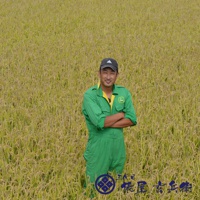 一位身穿綠色連體工作服的農夫，戴著黑色鴨舌帽，站在金黃色的稻田中央，雙臂交叉於胸前。