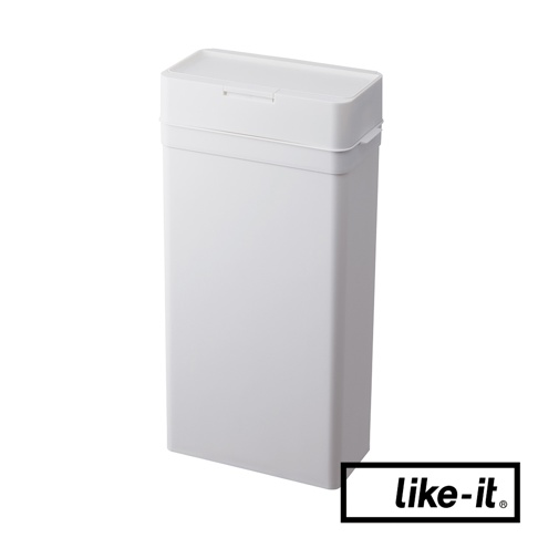 白色塑膠長方形垃圾桶，配有按壓式開啟的蓋子。