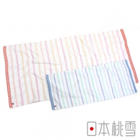 兩條今治毛巾，一條為白色底色搭配粉色、橘色、黃色細條紋，邊緣為紅色小圓點裝飾；另一條為白色底色搭配藍色、綠色、淺藍色細條紋，邊緣為藍色小格子裝飾。
