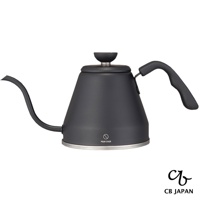 啞黑色測溫手沖咖啡壺，配有細長壺嘴、人體工學手柄及頂部溫度計。壺身底部有一圈銀色不鏽鋼飾邊，並印有「POUR OVER」字樣及圖示。