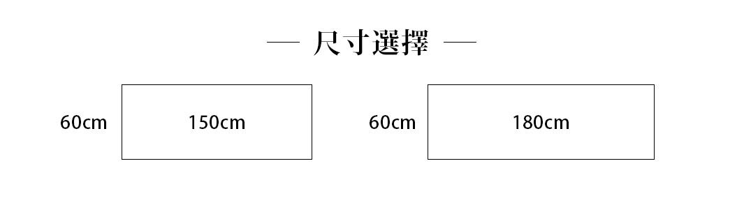 榻榻米廚房地墊尺寸選擇圖，展示了兩種尺寸：寬 60 公分、長 150 公分，以及寬 60 公分、長 180 公分。