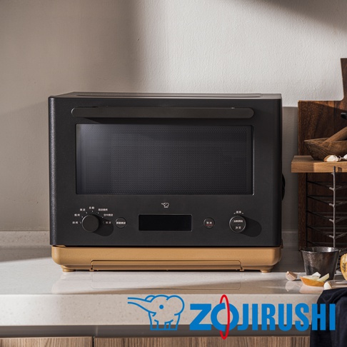 STAN美型烘烤微波爐 ES-SAF26，黑色機身搭配金色底座，設有黑色烤漆門板、觸控面板及旋鈕，適合各式廚房風格。