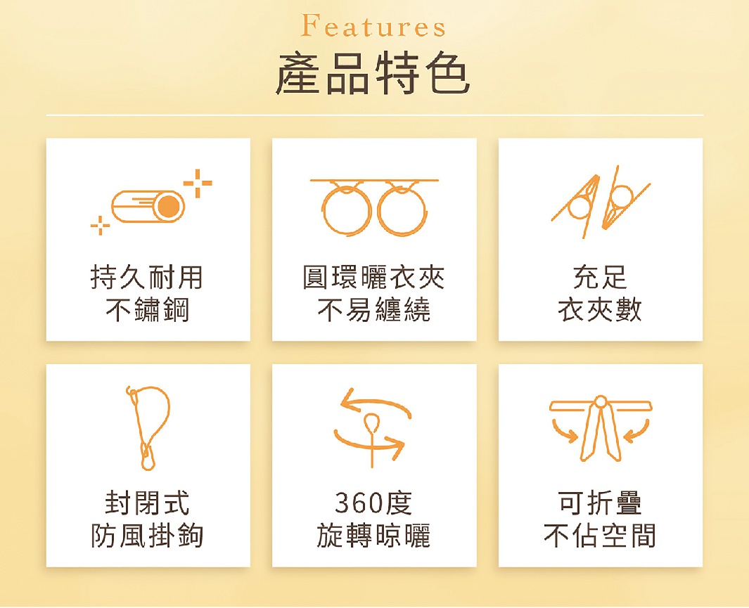 不鏽鋼曬衣夾(50夾) PIH-50SH：圖示展示產品的六大特色，包括：不鏽鋼材質、圓環曬衣夾、充足衣夾數、封閉式防風掛鉤、360度旋轉晾曬、以及可折疊不佔空間。