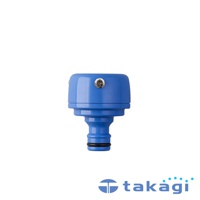 藍色塑膠製水龍頭接頭，帶有銀色螺絲固定，底部有黑色密封圈。