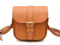 棕褐色皮革單肩包，正面有十字繡紋飾帶和金色搭扣，側面和邊緣有明顯縫線。