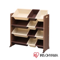 木紋色調的童心玩具繪本收納架，設有四層共十二格收納空間，其中六格為米白色，六格為深棕色。整體結構穩固，方便擺放兒童書籍和玩具。