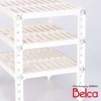 奶油色塑膠迷你三層收納架，每層皆為條狀設計，支架側面有可調節高度的卡扣。