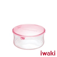 一個粉紅色蓋子的透明圓形耐熱玻璃保鮮盒，容量 380ml。