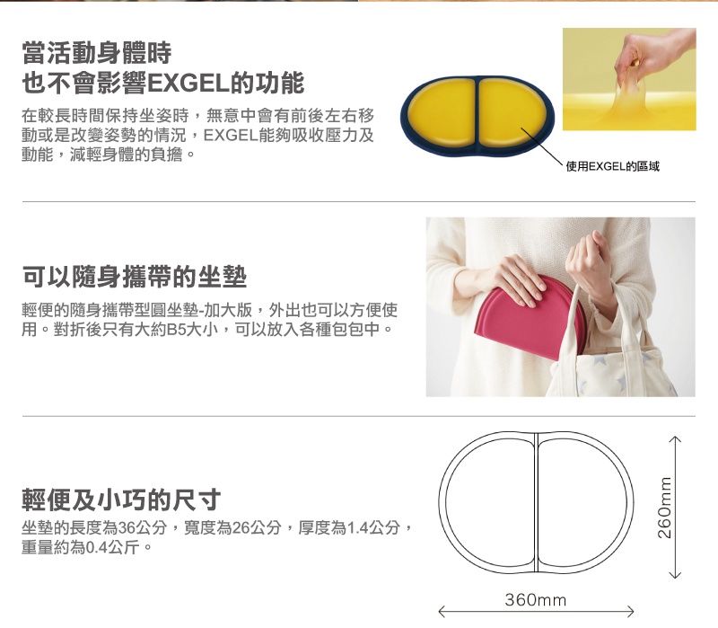 MINI PUNI Plus 坐墊，由黃色 EXGEL 材質製成，外圈為深藍色，呈橢圓形，中間有分隔線。