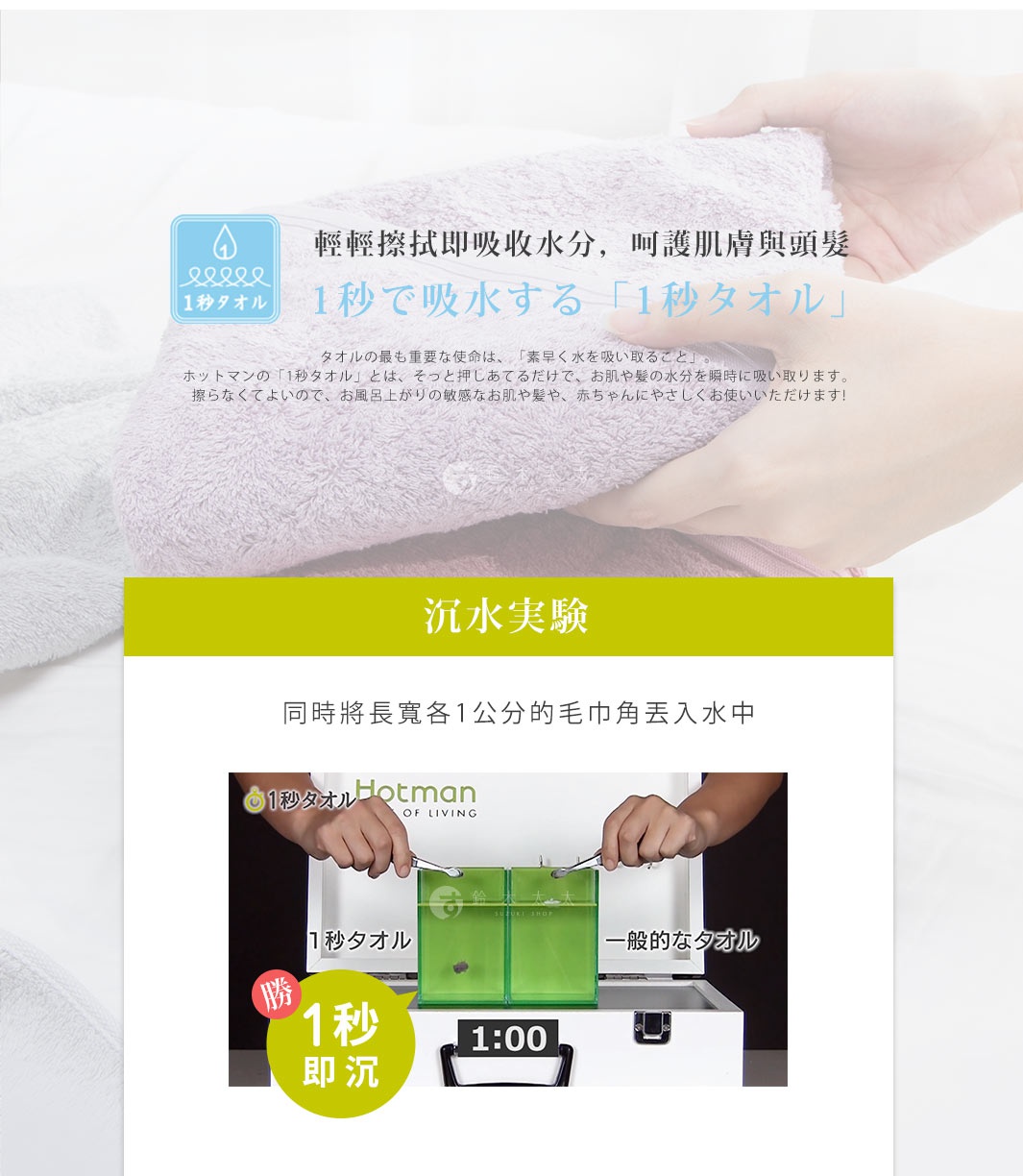 圖片文字：輕輕擦拭即吸收水分，呵護肌膚與頭髮。一秒吸水一秒タオル。熱門的一秒タオル是將毛巾輕輕按壓在肌膚或頭髮上，便能瞬間吸收水分。無需摩擦，適合洗澡後對待敏感的肌膚、頭髮與嬰兒。沉水實驗，將長寬各一公分的毛巾角同時丟入水中，Hotman一秒タオル呈現一秒即沉，與一般毛巾進行對比實驗。